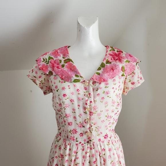 50s Vintage Nelly Don Pink & White Floral Tea Dress With Flat Collar - Picture 5 of 16
